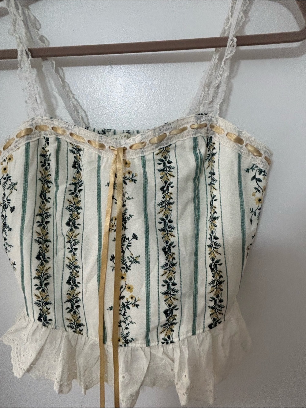Ty Cream and Green Floral Stripe Lace-Trim Cami